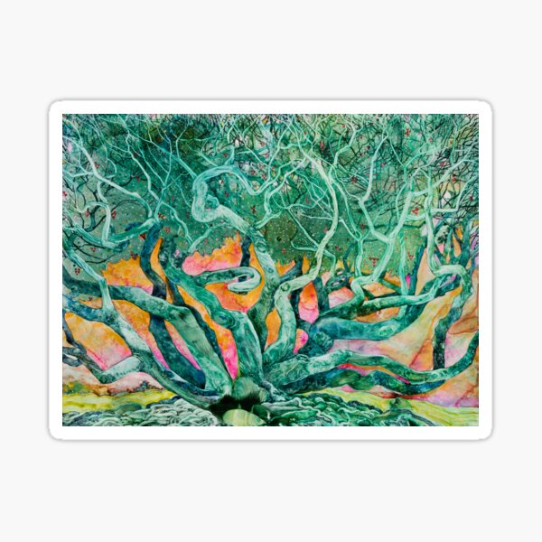 Tangled: Emerald Tree with Pink and Orange Sunrise Background Sticker