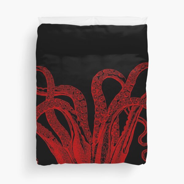 Red Vintage Octopus Tentacles Illustration Duvet Cover
