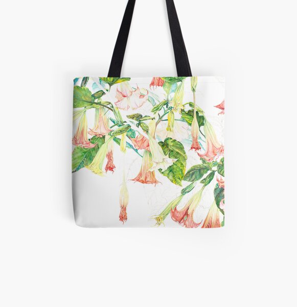 Pink Brugmansia Floral Watercolor All Over Print Tote Bag