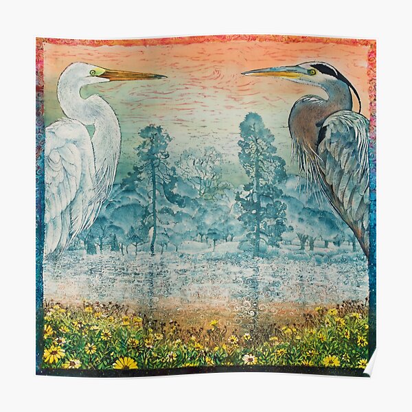 Heron and Egret with Wildflowers Poster