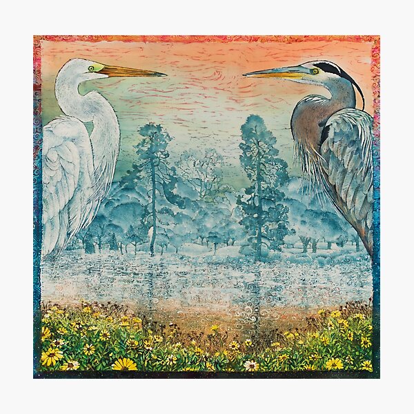 Heron and Egret with Wildflowers Photographic Print