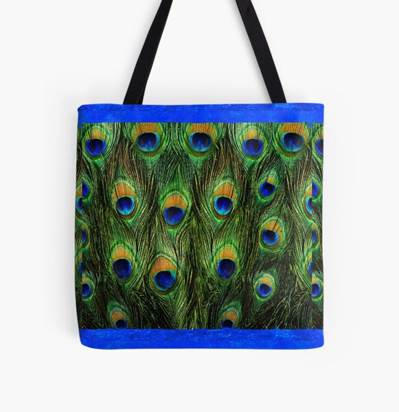 Peacock Feathers and Indigo Velvet All Over Print Tote Bag