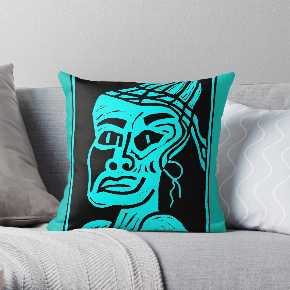 African Print Aqua Throw Pillow