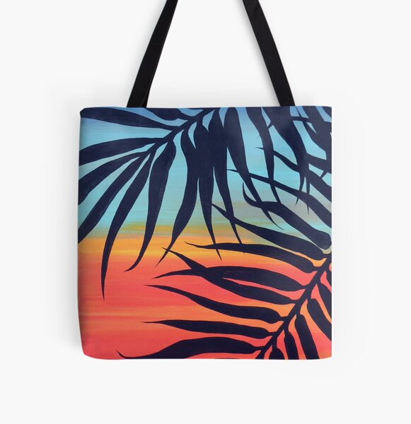 Palm Tree at Vibrant Colorful Blue & Red Sunset Painting All Over Print Tote Bag