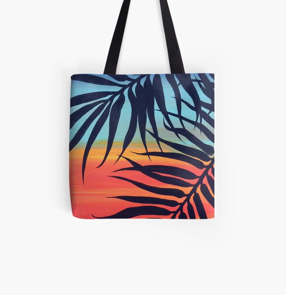 Palm Tree at Vibrant Colorful Blue & Red Sunset Painting All Over Print Tote Bag