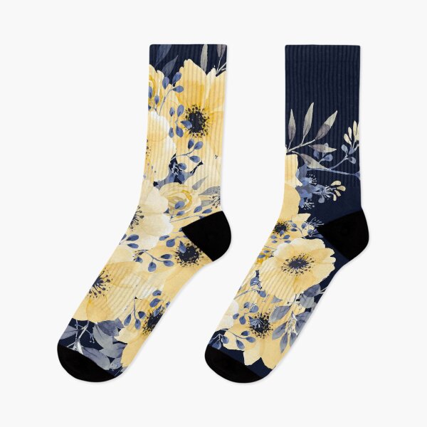 Item preview, Floral Watercolor, Yellow and Navy Blue, Aesthetic Design Prints designed and sold by meggydesigns.