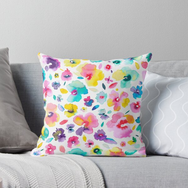 Watercolor Colorful Tropical Flowers Throw Pillow