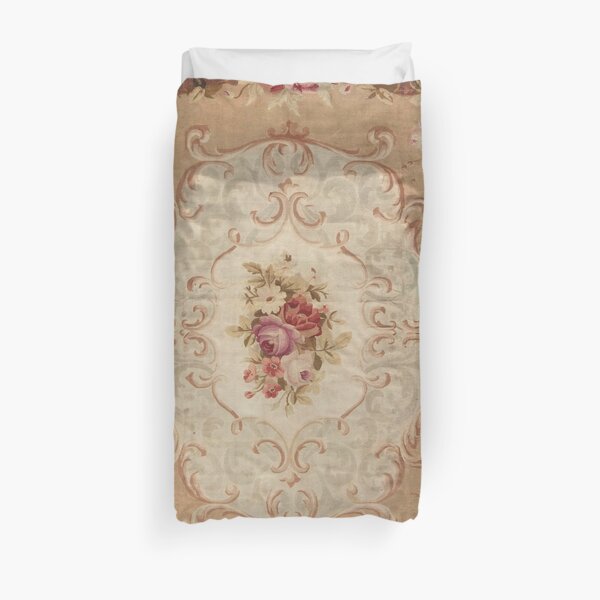 Antique Rose Floral French Aubusson Rug Print Duvet Cover