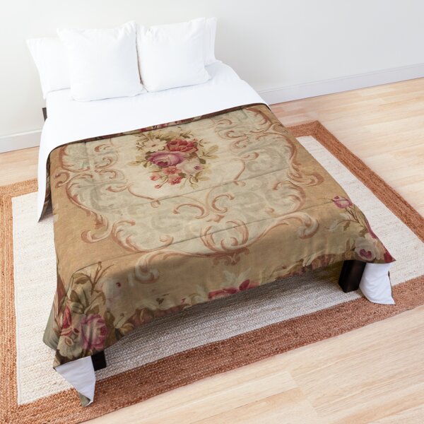 Antique Rose Floral French Aubusson Rug Print Comforter