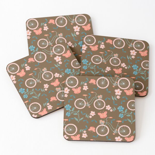 Item preview, Vintage Bicycle Pattern with Flowers and Butterflies | Teal, Coral, Pink designed and sold by Lavender Mint Graphics.