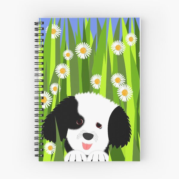 Item preview, Black and white dog in grass and daisies designed and sold by Fluffpotsdesign.