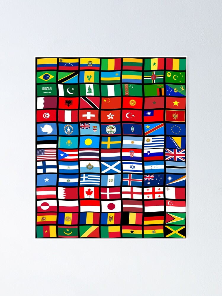 Poster Illustration des drapeaux de pays nationales sur la carte du monde