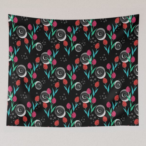 Item preview, Abstract cartoon floral pattern red tulips Black background designed and sold by fuzzyfox.