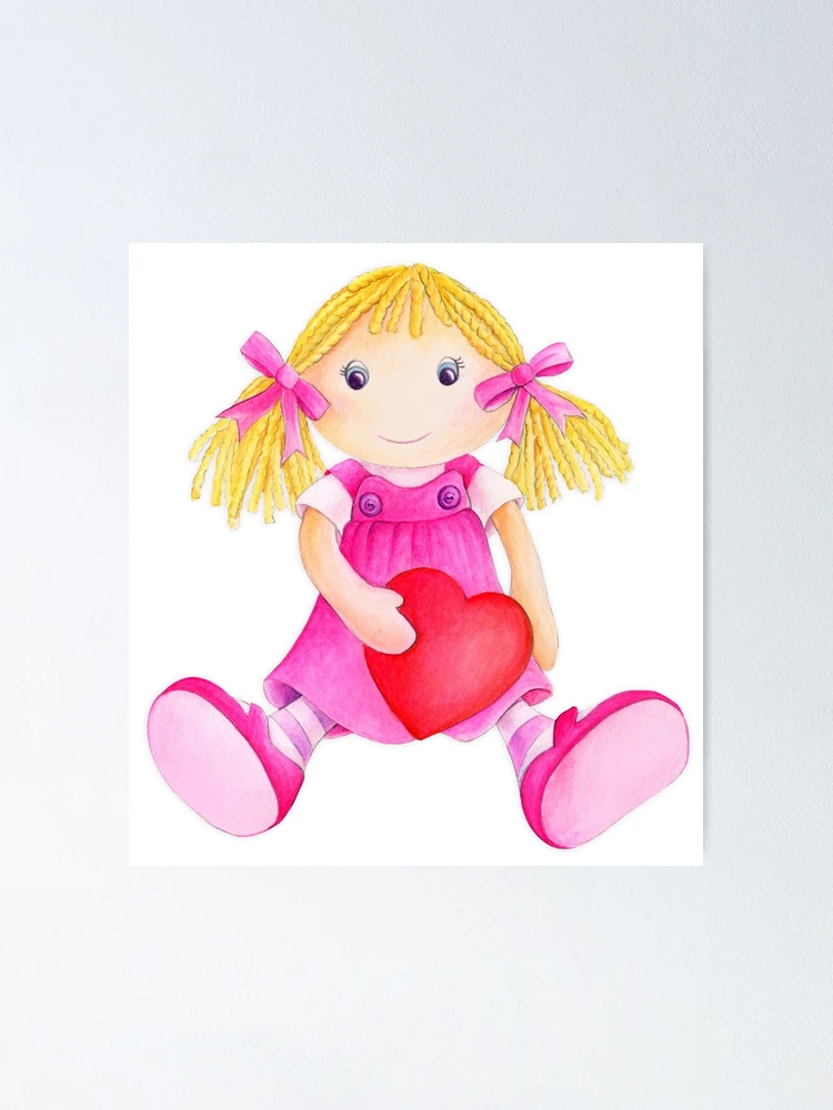 Pink doll accessories watercolor clipart. Girl child. Toys. By illustrator  Sabina Z