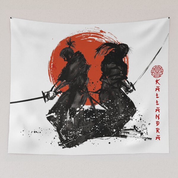 Item preview, Japanese ink drawing Two Japan samurai with katana rising sun designed and sold by Kallandra.