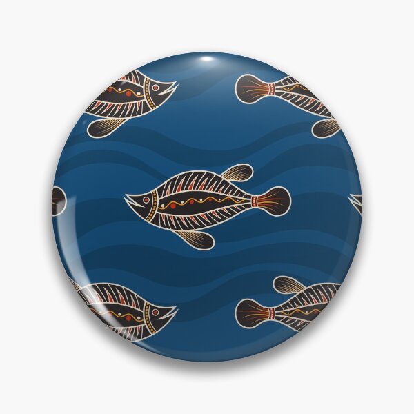 Artikelvorschau, Australische Kunst. Aboriginal Malstil. Muster von Fischen mit abstrakten Wellen auf Hintergrund. entworfen und verkauft von IndigoCat.