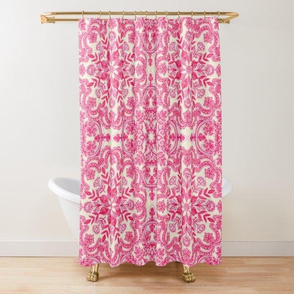 WHIMSICAL CHIC RED HOT PINK STRIPES WHITE SHOWER CURTAIN