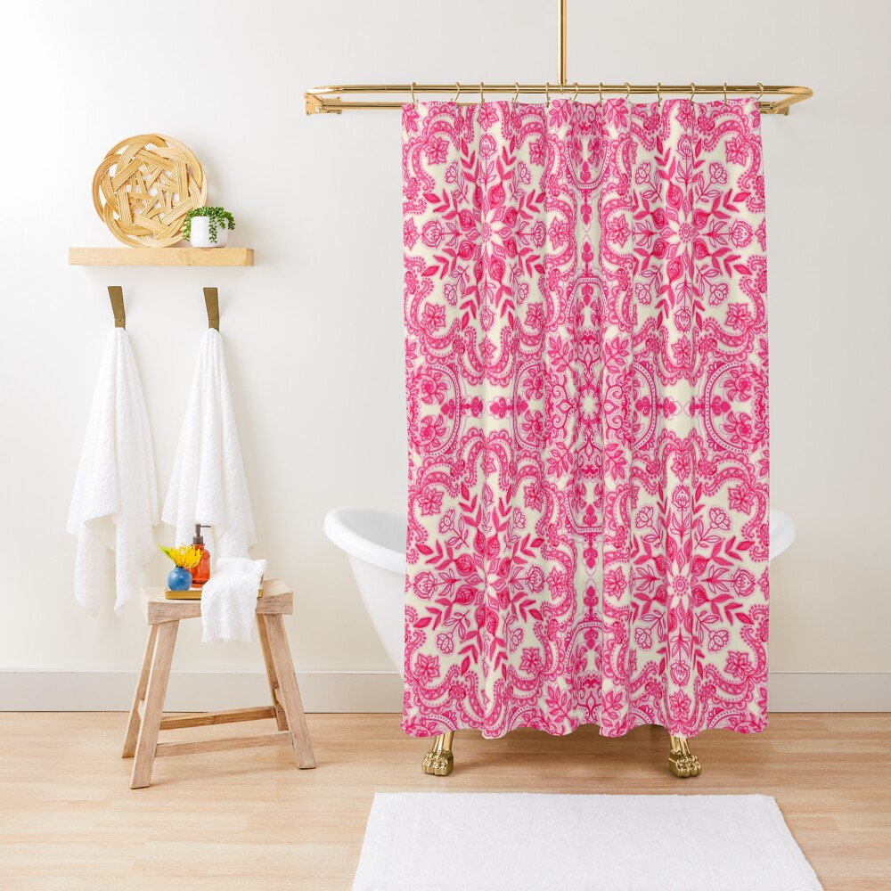 Hot Pink & Soft Cream Folk Art Pattern Shower Curtain