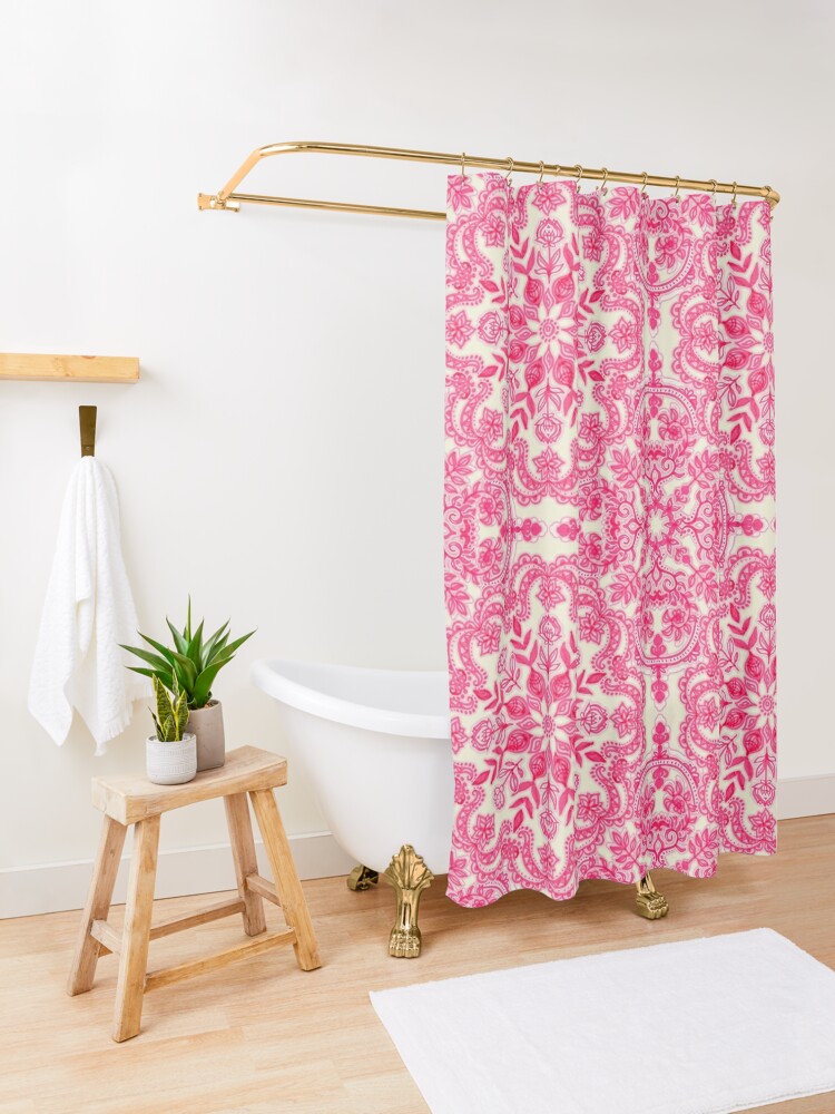 Thumbnail 3 of 5, Shower Curtain, Hot Pink & Soft Cream Folk Art Pattern designed and sold by micklyn.
