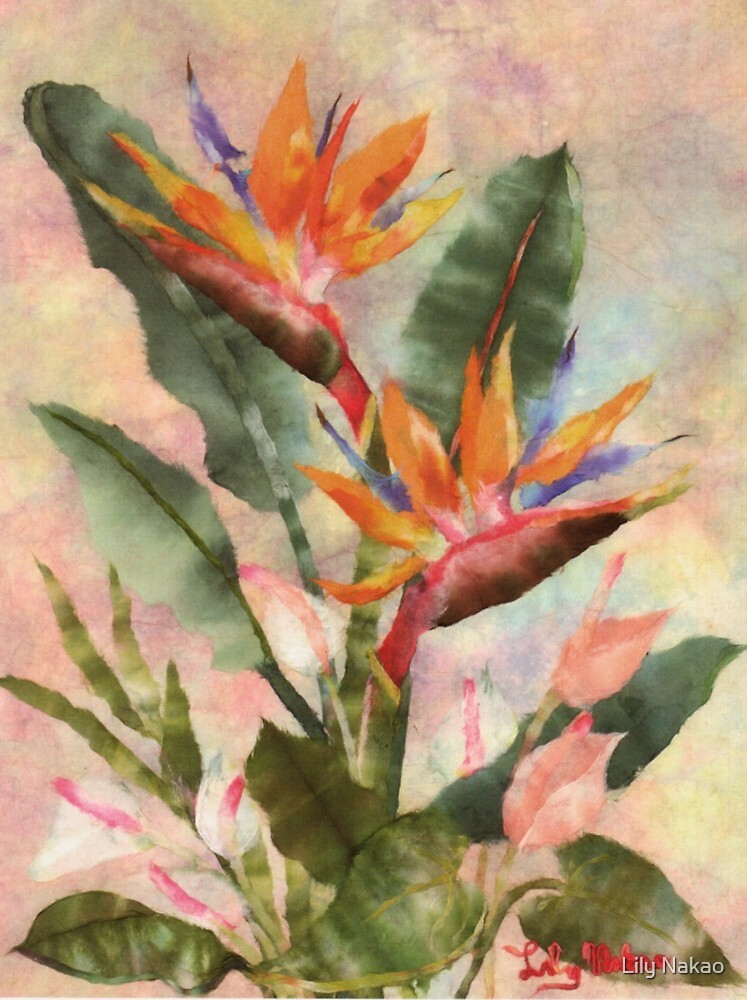 "Bird of Paradise with Anthurium" by Lily Nakao Redbubble