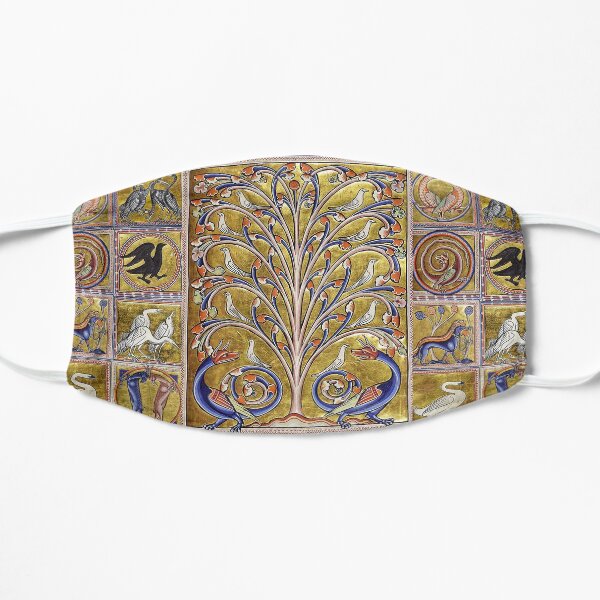 MEDIEVAL BESTIARY,TREE OF LIFE ,BIRDS,DRAGONS FANTASTIC ANIMALS IN GOLD RED BLUE COLORS Maske
