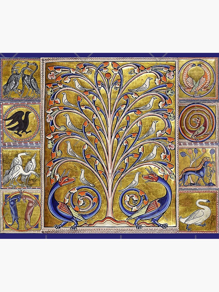 MEDIEVAL BESTIARY,TREE OF LIFE ,BIRDS,DRAGONS FANTASTIC ANIMALS IN GOLD RED BLUE COLORS by BulganLumini