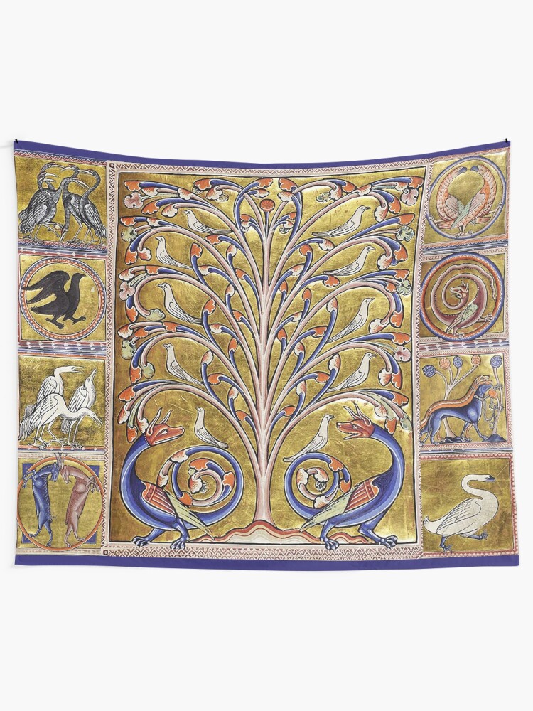 Alternate view of MEDIEVAL BESTIARY,TREE OF LIFE ,BIRDS,DRAGONS FANTASTIC ANIMALS IN GOLD RED BLUE COLORS Tapestry