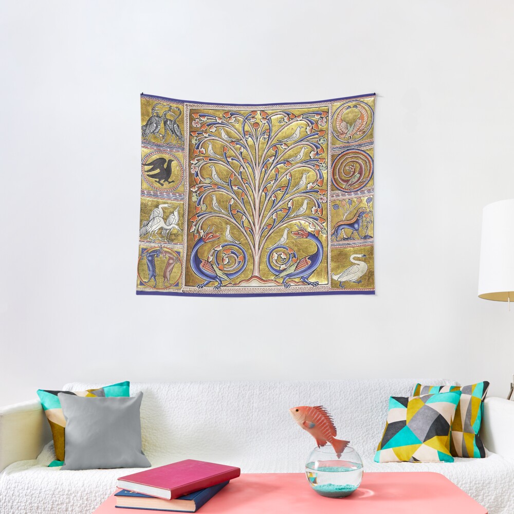 MEDIEVAL BESTIARY,TREE OF LIFE ,BIRDS,DRAGONS FANTASTIC ANIMALS IN GOLD RED BLUE COLORS Tapestry