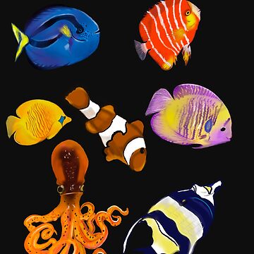 Best fishing gifts for fish lovers 2022. Octopus squid and friends tropical  Coral reef fish rainbow coloured / colored fish and octopus swimming under