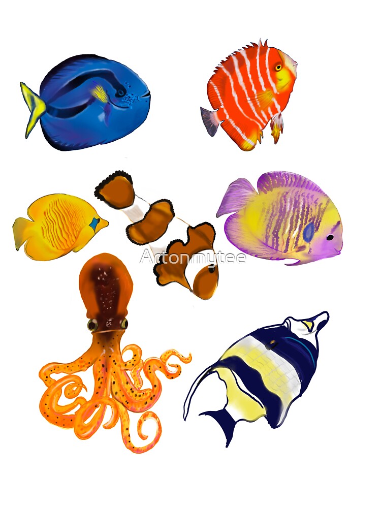 Best fishing gifts for fish lovers 2022. Octopus squid and friends tropical  Coral reef fish rainbow coloured / colored fish and octopus swimming under