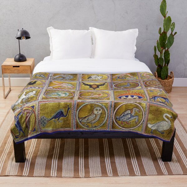MEDIEVAL BESTIARY, FANTASTIC ANIMALS IN GOLD RED BLUE COLORS Throw Blanket