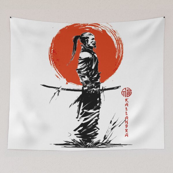 Item preview, India ink drawing - old Japan older samurai with katana - red sun designed and sold by Kallandra.