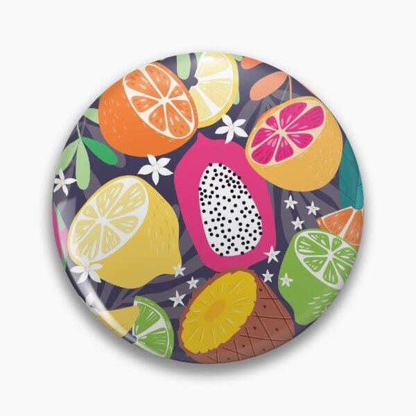 Artikelvorschau,  Sammlung exotischer tropischer Früchte mit Pflanzen und Blumen auf dunkelviolettem Hintergrund. Lebendiges Design des Sommers. Bunte Vektorillustration entworfen und verkauft von BlueLela.