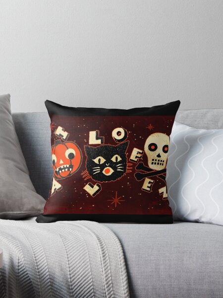 Halloween pumpkin cat skull vintage Throw Pillow