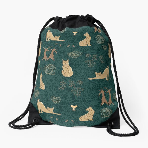 Lovely woodland lynxes on dark foliage Drawstring Bag