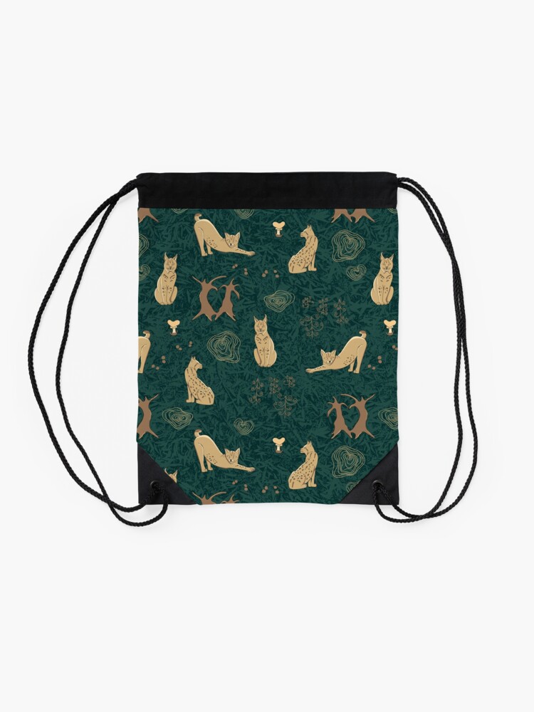 Alternate view of Lovely woodland lynxes on dark foliage Drawstring Bag