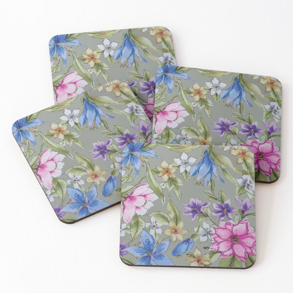 Item preview, Watercolor Tropical Flowers on Khaki Ground designed and sold by Leslie Rogers Todder.