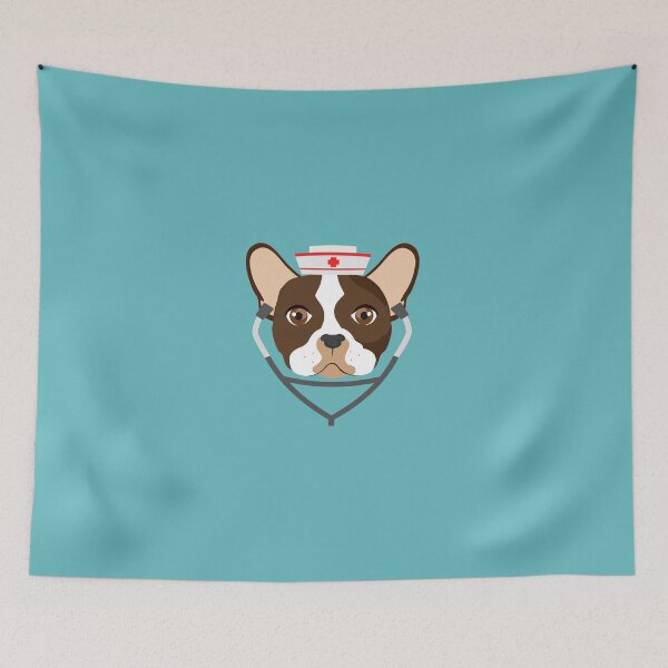 Item preview, Brown Bulldog with Nurse Hat, Cute Gift for Nurses, Dog Wearing Medical Cap, Funny Grey Stethoscope, Cool Present for Dogs Lovers, Blue Covering designed and sold by Annona-.