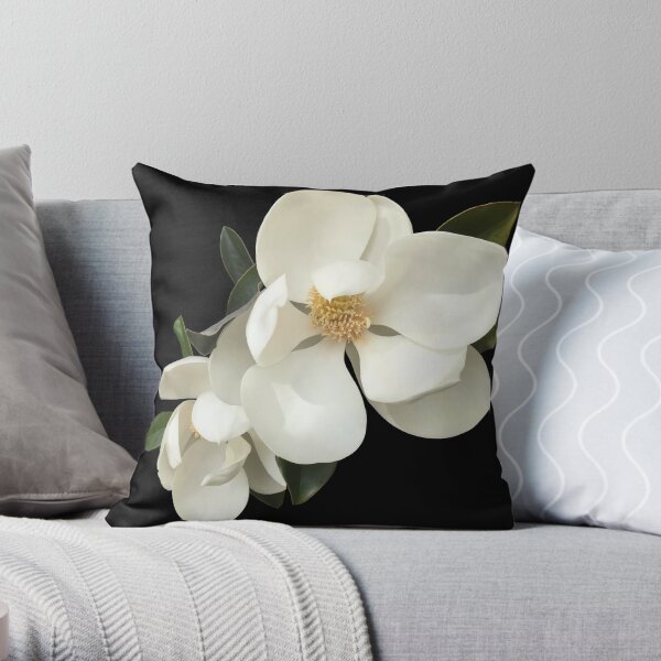 WHITE MAGNOLIAS ON BLACK Throw Pillow