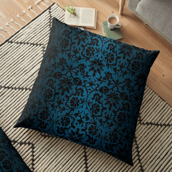 Teal and Black Floral Damask Floor Pillow