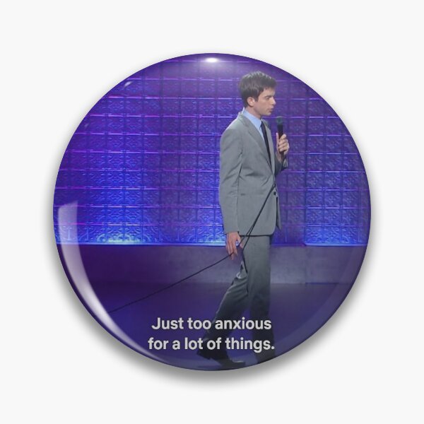 Item preview, Too anxious John Mulaney mask pin sticker designed and sold by Dorothy Medlin.