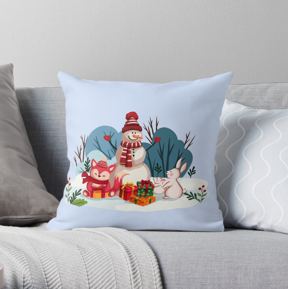 Christmas Snowman And His Furry Friends™ Throw Pillow