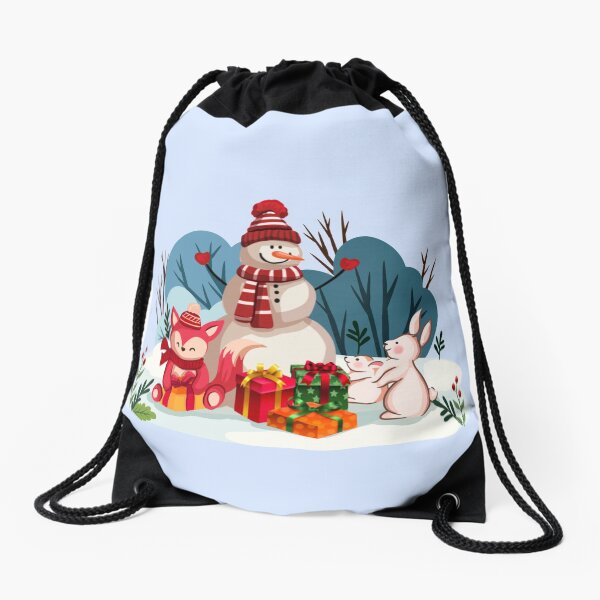 Christmas Snowman And His Furry Friends™ Drawstring Bag