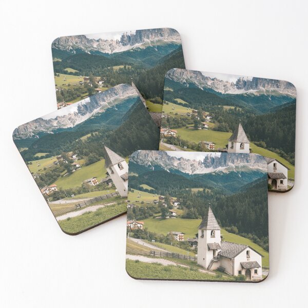 Item preview, Italian Church with the Dolomites mountains in the background in summer designed and sold by michieldros.