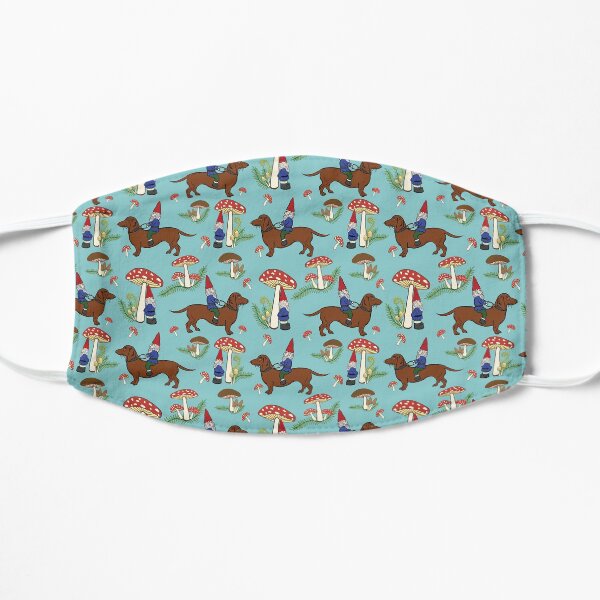 Gnome and Dachshund in Mushroom Land, Turquoise Blue Background Flat Mask