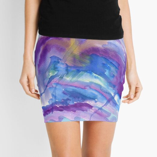 Abstract Watercolor Painting Blue Purple Green Yellow Mini Skirt
