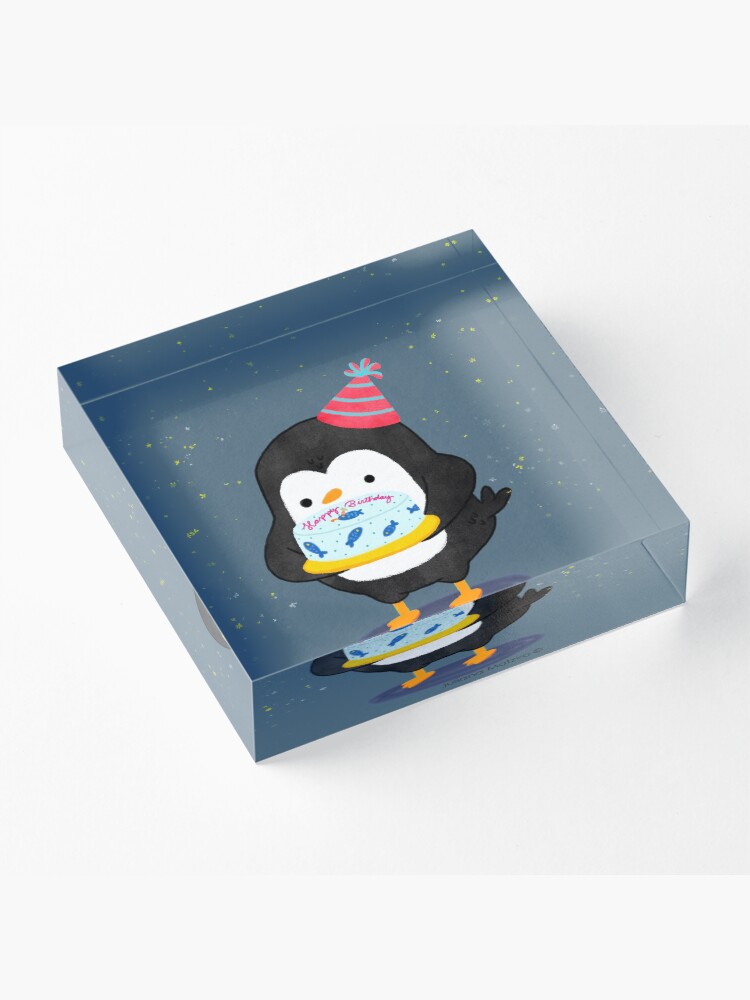 Alternate view of Festive penguin with a birthday fish cake Acrylic Block