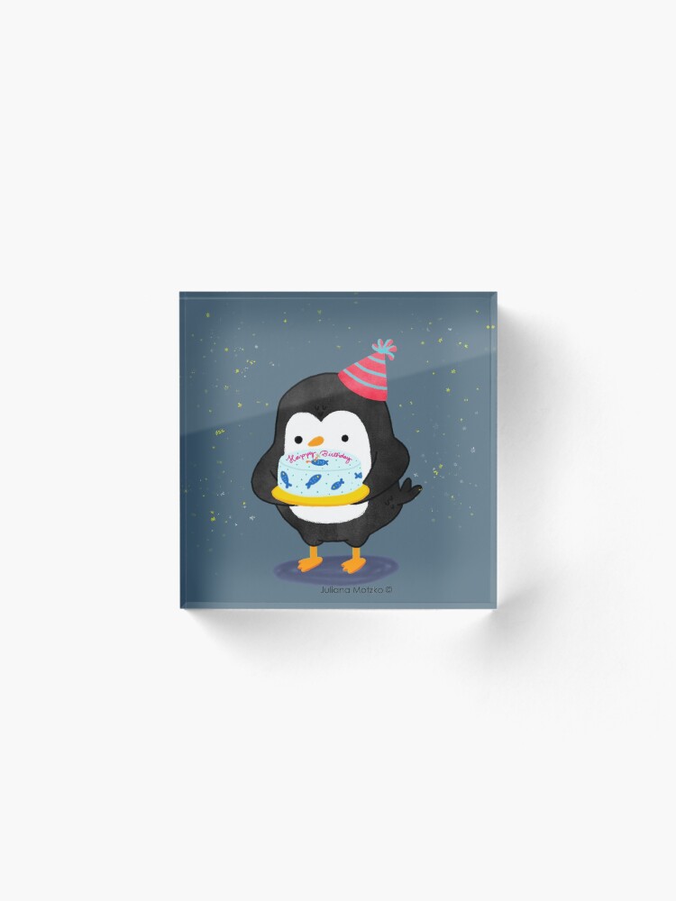 Alternate view of Festive penguin with a birthday fish cake Acrylic Block