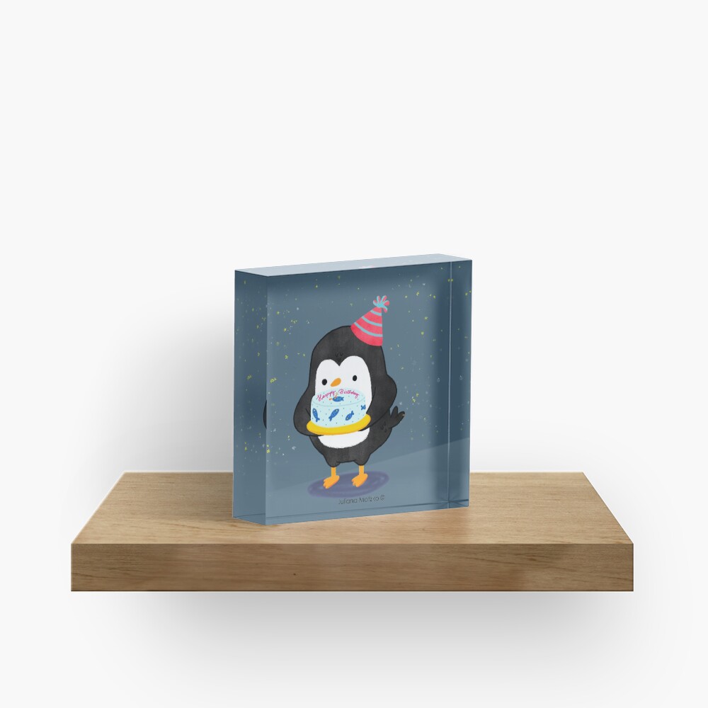Festive penguin with a birthday fish cake Acrylic Block