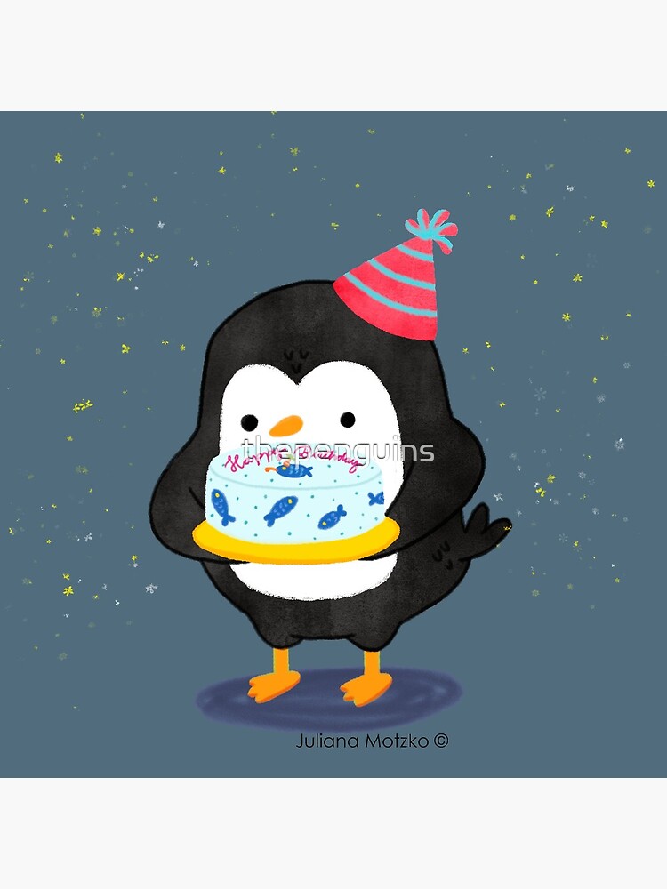 Festive penguin with a birthday fish cake by thepenguins